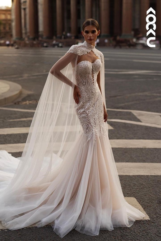 Glamorous Mermaid Applique Tulle Dramatic Wedding Dress