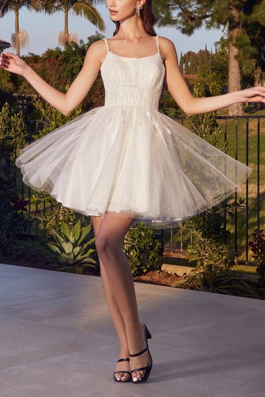 Scoop Spaghetti Straps Sequined Tulle A-Line Mini Homecoming Gown