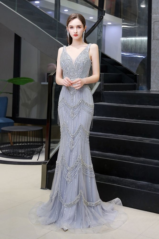 Silver Feather Cape Mermaid Sparkle Prom Gown, Gorgeous & Unique