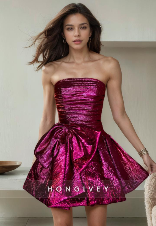 Chic A-Line Strapless Sleeveless Bowknot Ruched Homecoming