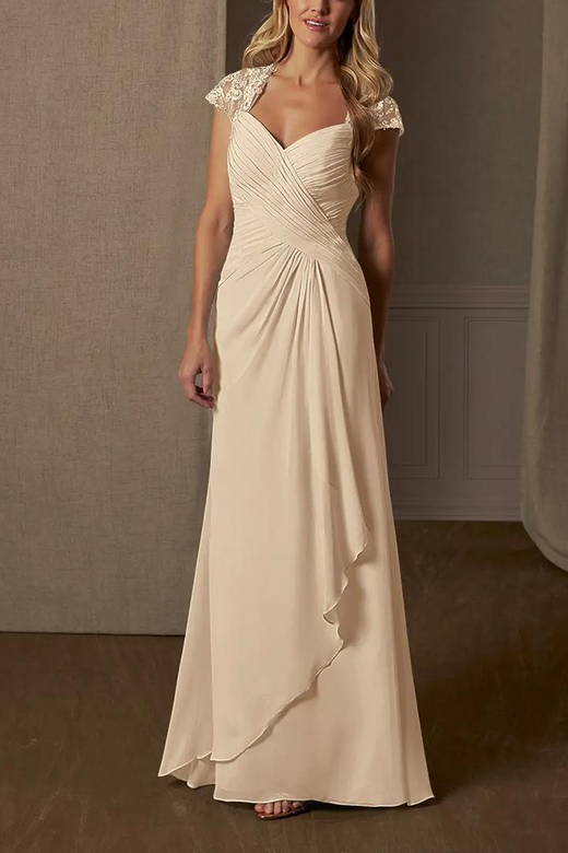 V-Neck Cap Sleeves Lace Chiffon A-Line Long Mother of the Bride Gown