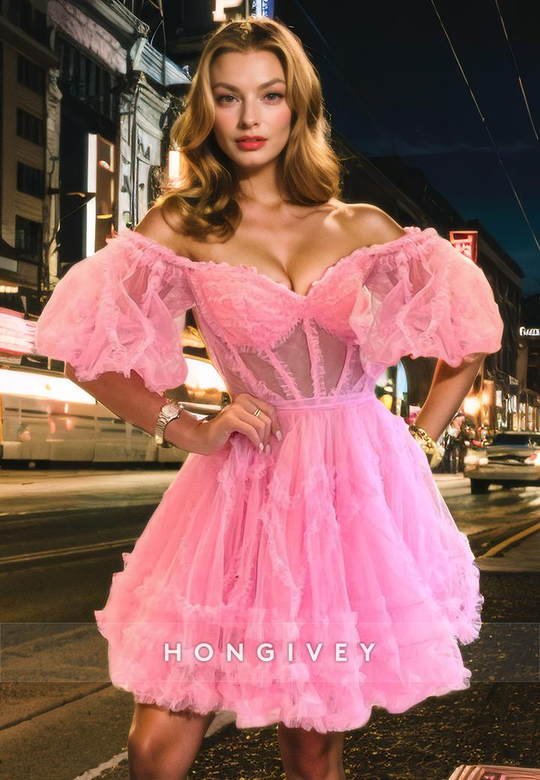 Tulle A-Line Off-Shoulder Sheer Empire Short Homecoming Gown