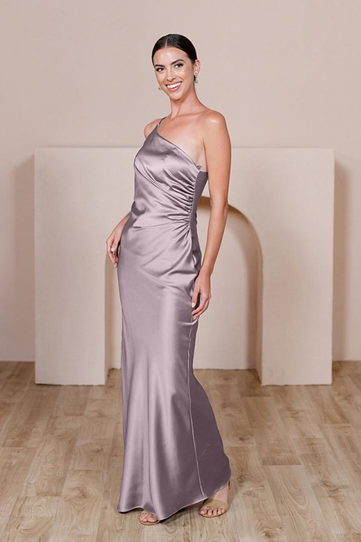 Scoop Spaghetti Straps Satin Sheath Long Bridesmaid Gown