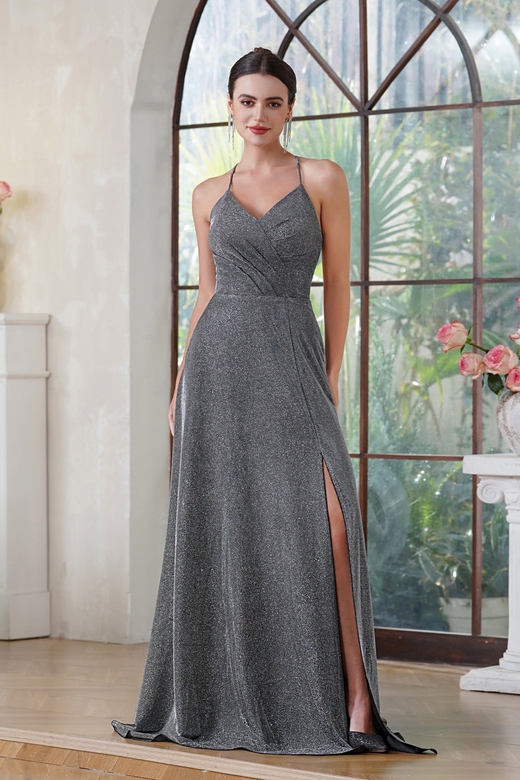 Elegant Halter Shiny Silk Long Prom Dress with Pocket