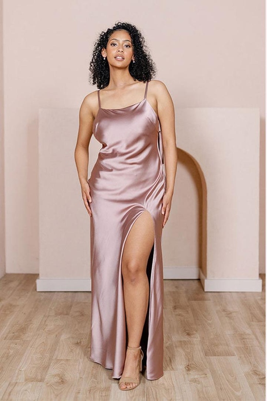 V-Neck Spaghetti Straps Satin Sheath Long Bridesmaid Gown