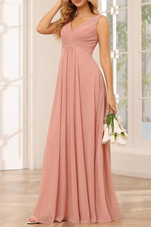 Sleeveless V-Neck Ruched Chiffon A-Line Bridesmaid Gown