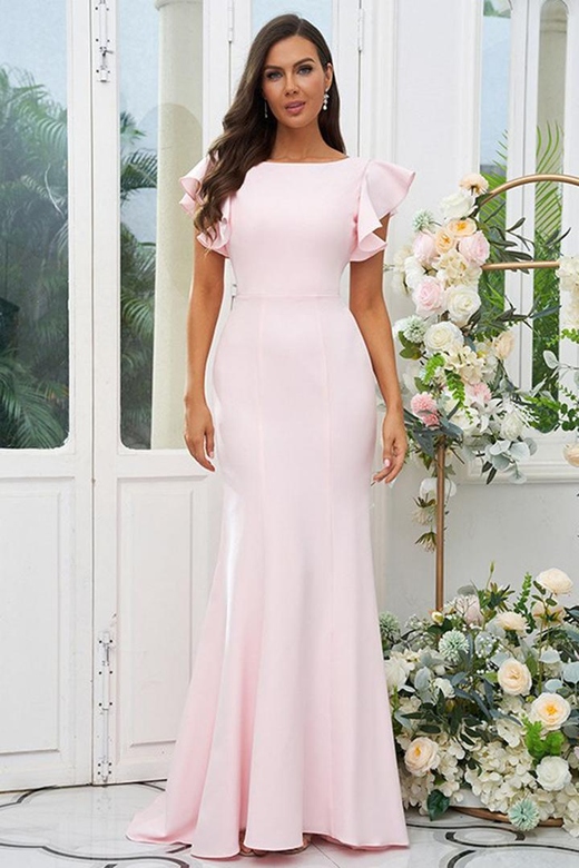 Scoop Cap Sleeves Backless Satin Mermaid Long Bridesmaid Dress