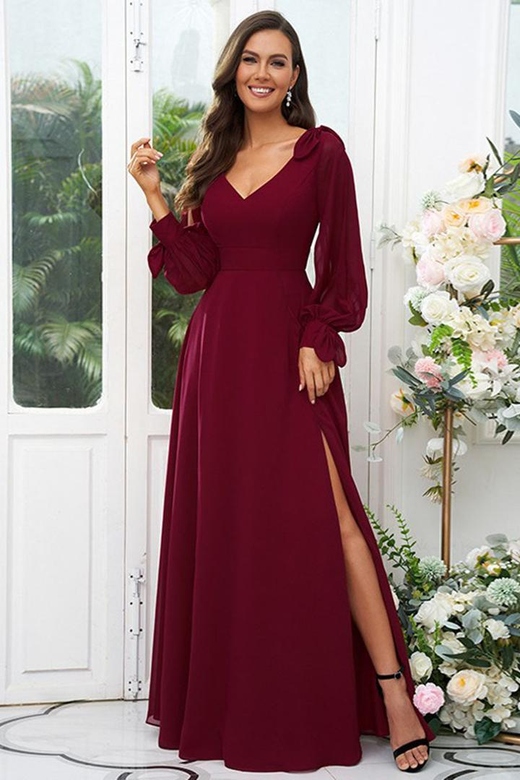 V-Neck Long Sleeves Chiffon A-Line Long Bridesmaid Dress with Slit