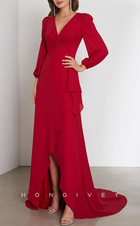 Elegant & Luxurious V-Neck Long Sleeve Ruffled Train Evening Gown