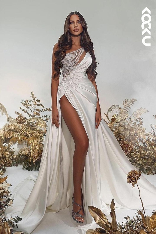 Couture & Ornate One Shoulder Side Slit A-Line Satin Wedding Gown