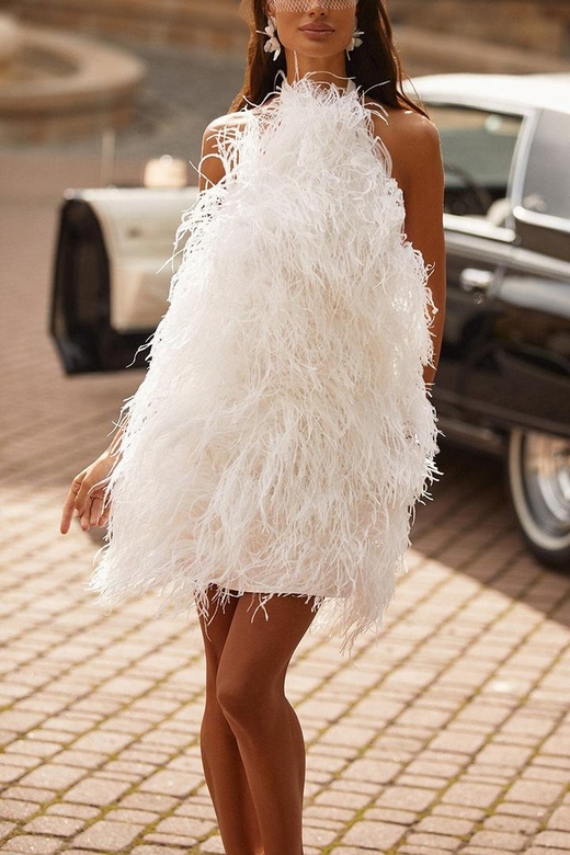 White Halter Sleeveless Feather A-Line Mini Homecoming Gown