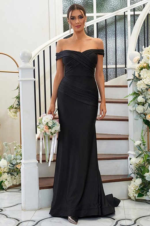 Off-Shoulder Ruched Sleeveless Elastic Satin Sheath Gown