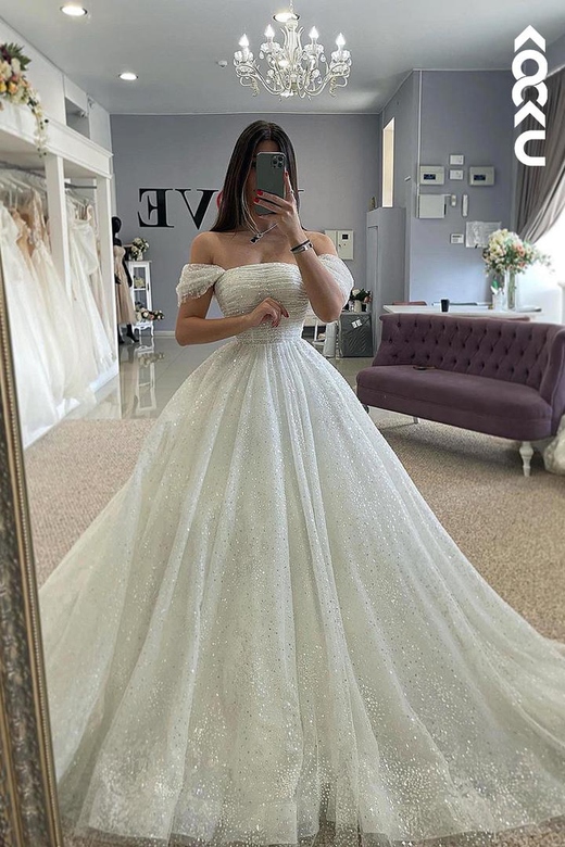 Gorgeous & Charming Off-Shoulder A-Line Sparkly Glitter Wedding Dress