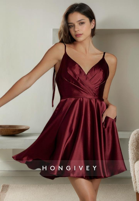 Satin A-Line V-Neck Spaghetti Straps Pockets Short Homecoming