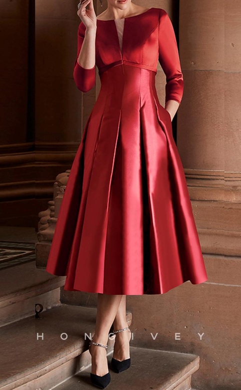 Stylish Satin A-Line Scoop 3/4 Sleeves Tea-Length Pockets Gown