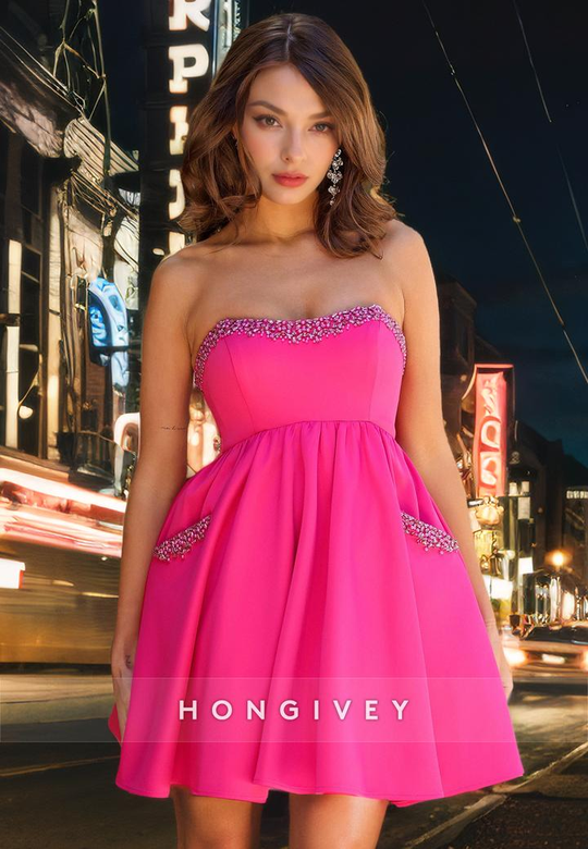 Satin A-Line Strapless Beaded Empire Party/Homecoming Gown