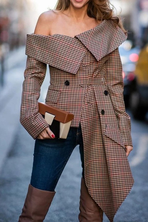 Fashion Asymmetric Plaid Shirt Off-Shoulder Long Sleeve Top Coat