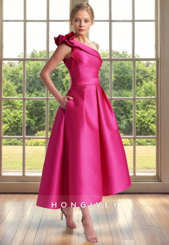 A-Line One Shoulder Sleeveless with Pockets Mother of the Bride Dress