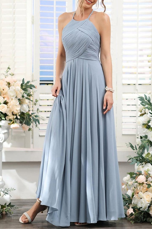 Halter Sleeveless Ruched Chiffon A-Line Elegant Bridesmaid Gown