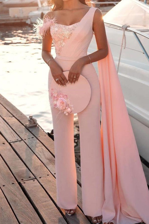 Chic Pearl Pink One Shoulder Jumpsuit Outfit