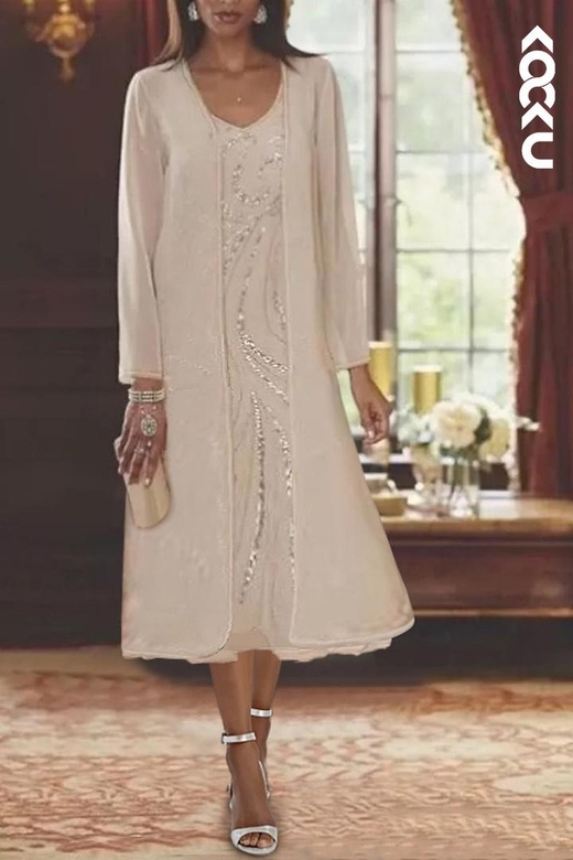 Couture & Ornate Long Sleeves V-Neck A-Line Appliques Mother of the Bride Gown