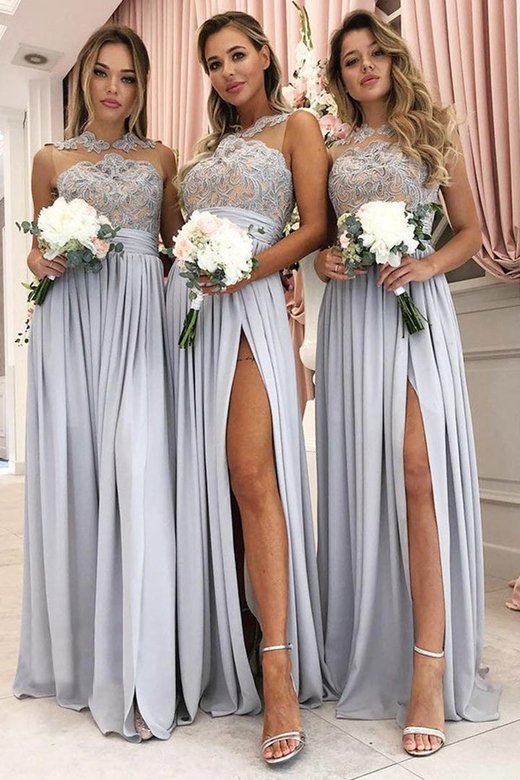 High Neck Lace Appliqued Sleeveless A-Line Bridesmaid Dress