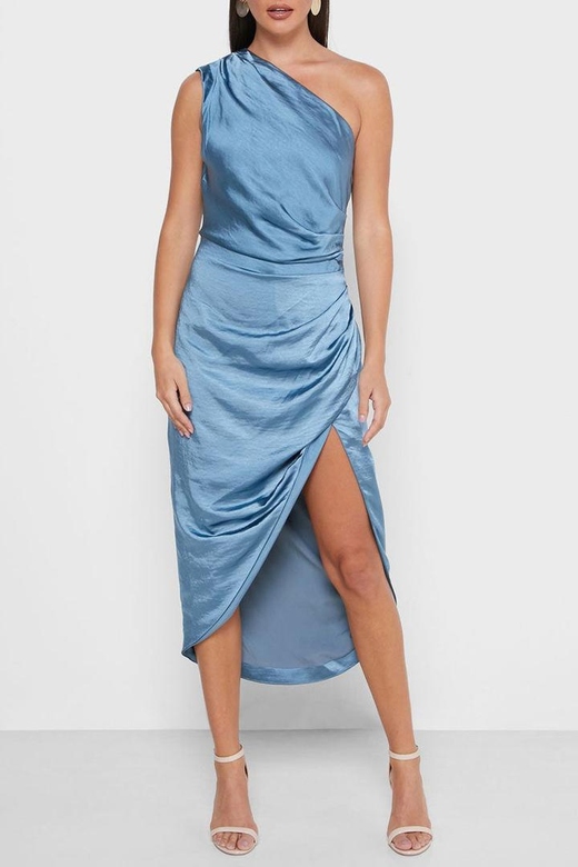 High Slit One Shoulder Satin Cocktail Party Gown - Blue