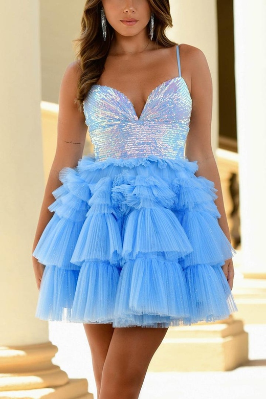 V-Neck Spaghetti Straps Sequined Tulle A-Line Mini Homecoming Gown