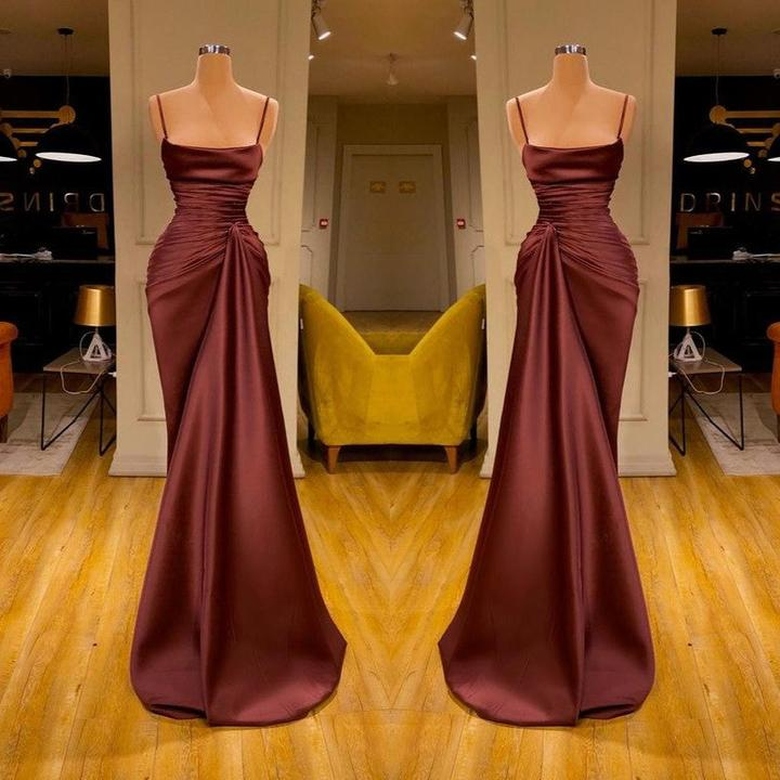 Burgundy Spaghetti-Straps Mermaid Ruffles Prom Dress, Long & Stylish