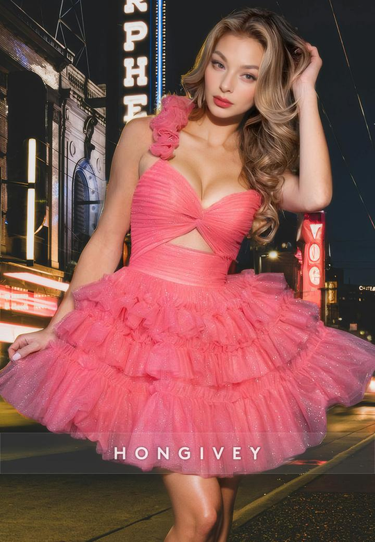 Chic Tulle A-Line Sweetheart One Shoulder Lace-Up Short Homecoming