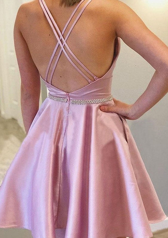 A-Line Bateau Sleeveless Satin Short/Mini Homecoming Dress with Beading