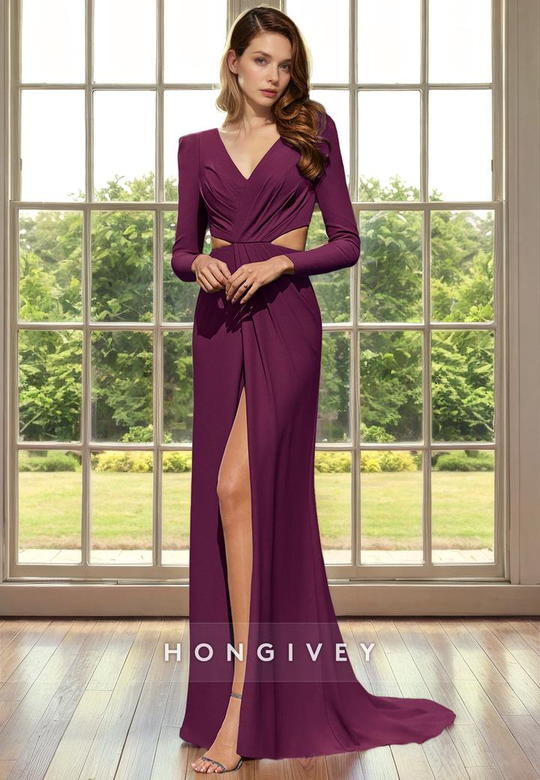 A-Line V-Neck Long Sleeve Empire Waist with Side Slit Mother of the Bride Dress