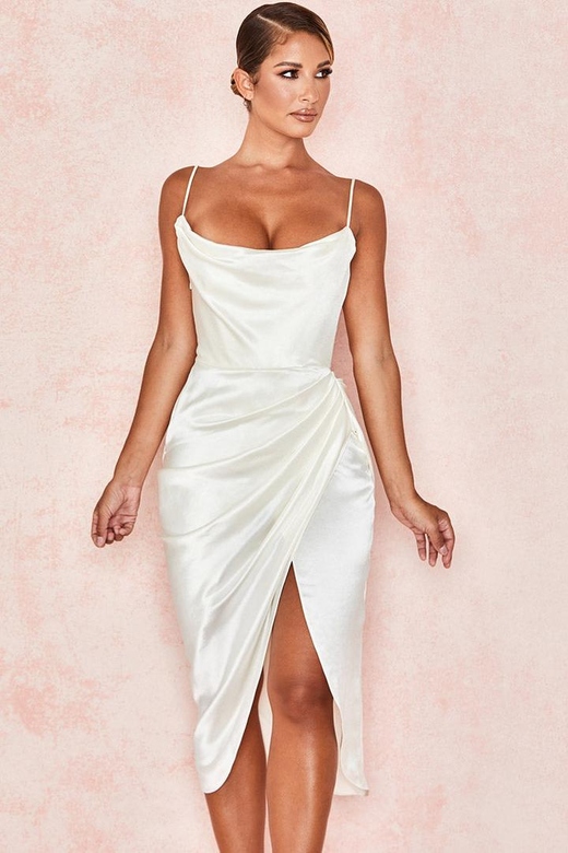 Silky White Cowl Neck High Slit Cocktail Party Midi Gown