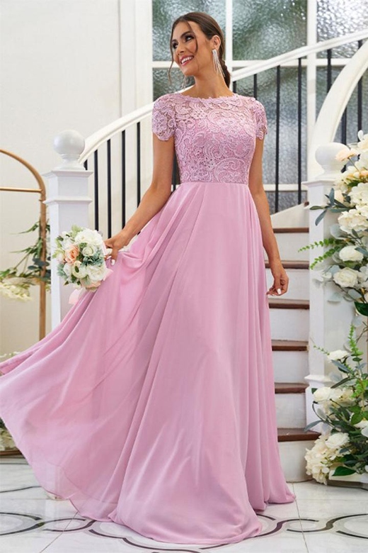 Scoop Short Sleeves Lace Chiffon A-Line Long Elegant Bridesmaid Gown