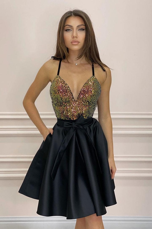 Off-Shoulder Cross Neck Long Sleeves Sequined A-Line Mini Homecoming Gown