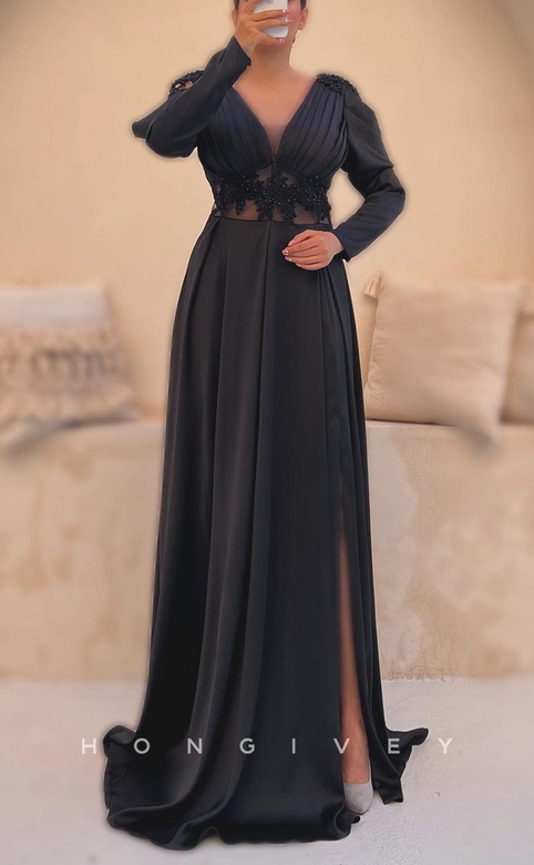 Satin A-Line V-Neck Long Sleeve Dress with Appliques