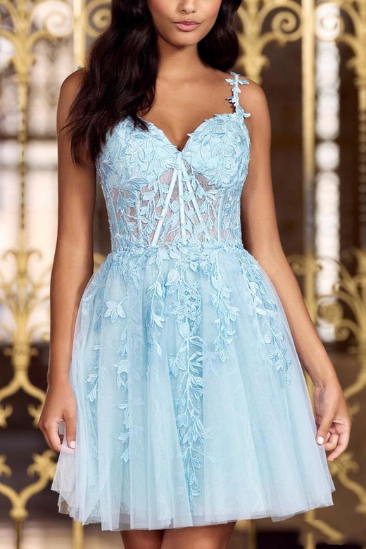 Sweetheart Lace Appliqued Sheer Tulle A-Line Mini Homecoming Gown