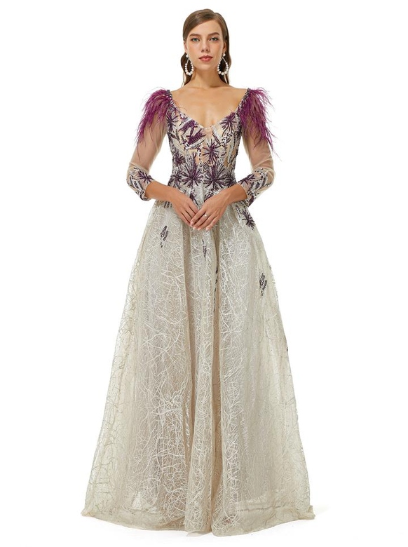 A-Line V-Neck Lace Floor-Length Long Sleeve Open Back Beading Prom Gown