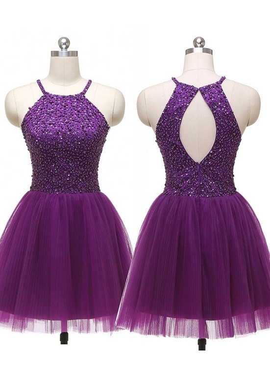 A-Line Halter Sleeveless Short/Mini Tulle Homecoming Dress with Beading, Pleated, and Sequins