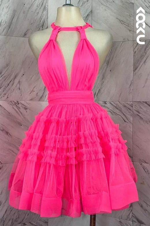 Halter Low V-Neck Sleeveless Ruched Tulle A-Line Mini Homecoming Gown