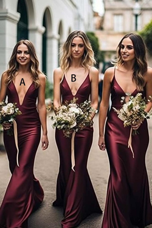 Stylish V-Neck Spaghetti Straps Satin Mermaid Long Bridesmaid Gown