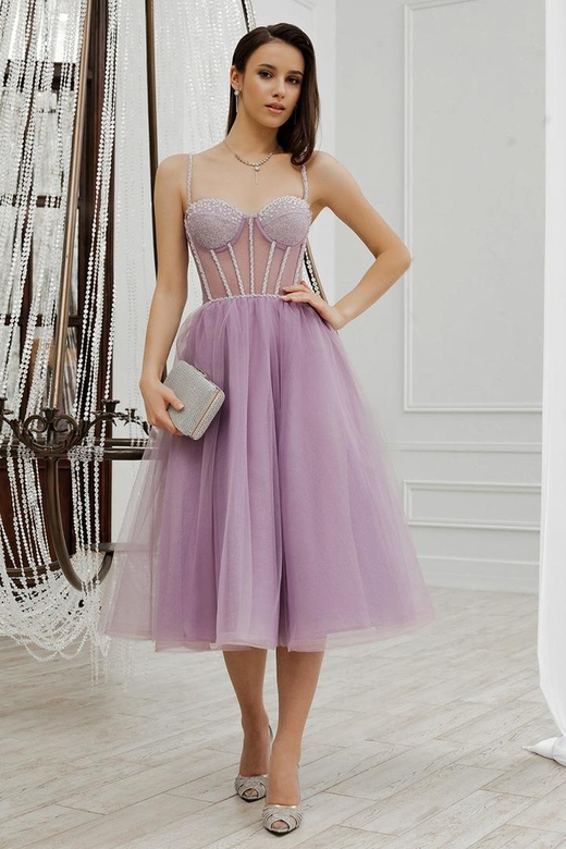 Sweetheart Sleeveless Beaded Sheer Tulle A-Line Midi Evening Gown