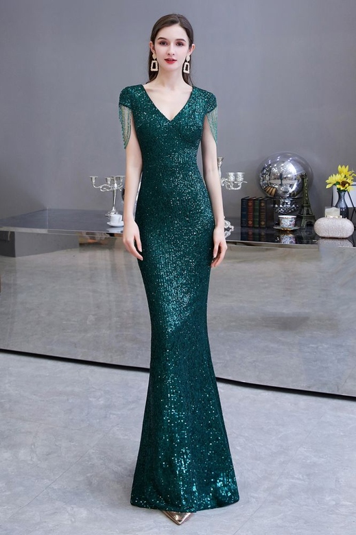 Shining Sequined Emerald Green Mermaid Dress, Cap Sleeve & Long