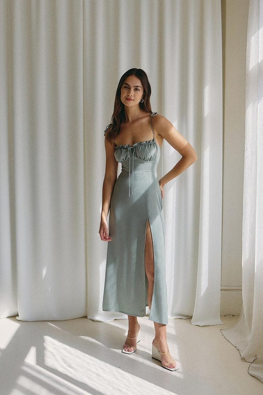 Spaghetti Straps Ruched Satin Midi Bridesmaid Gown with Slit