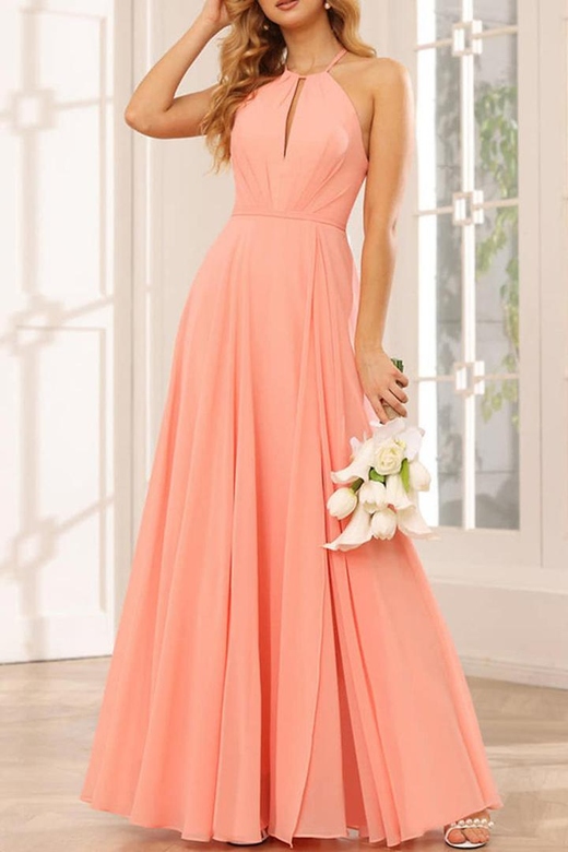 Halter Ruched Cut Outs Chiffon A-Line Long Bridesmaid Dress with Side Slit