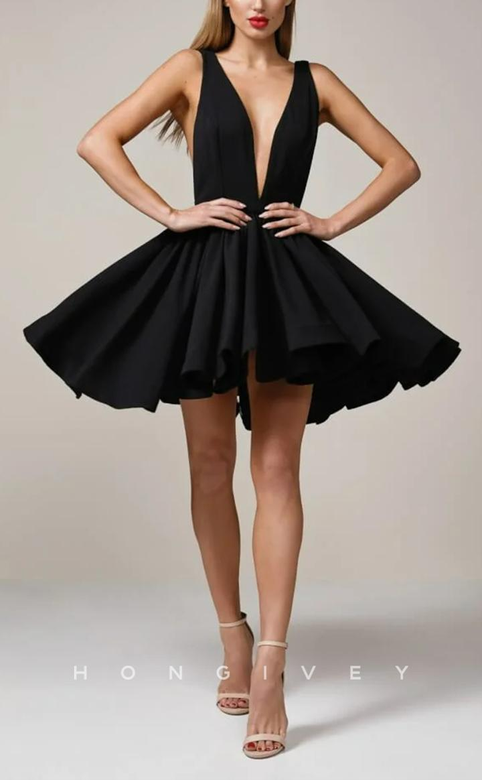 Seductive Black A-Line Plunging Neck Open Back Party or Homecoming Gown