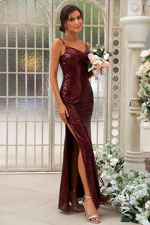 V-Neck Spaghetti Straps Sequined Sheath Bridesmaid Gown