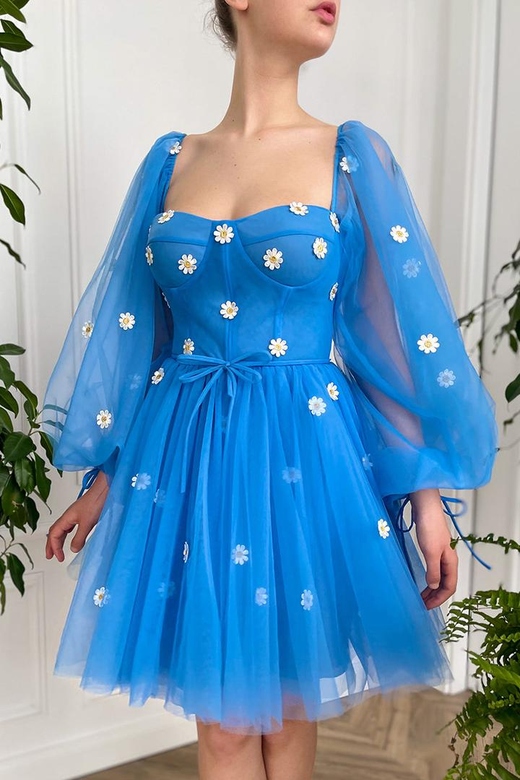 Square Neck Long Sleeves Tulle A-Line Mini Homecoming Gown