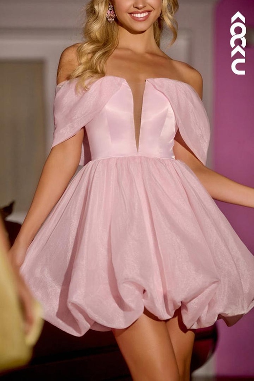 Low V-Neck Off-Shoulder Ruched Tulle A-Line Mini Homecoming Gown