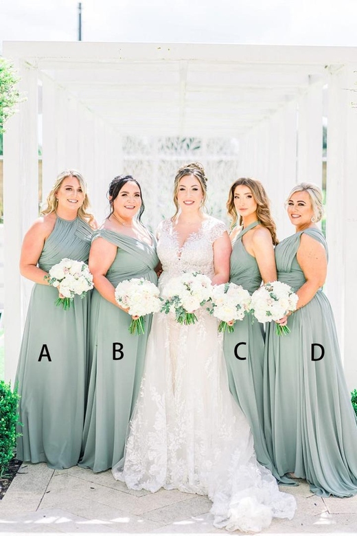 Green Mismatched Sleeveless Chiffon A-Line Long Bridesmaid Gown